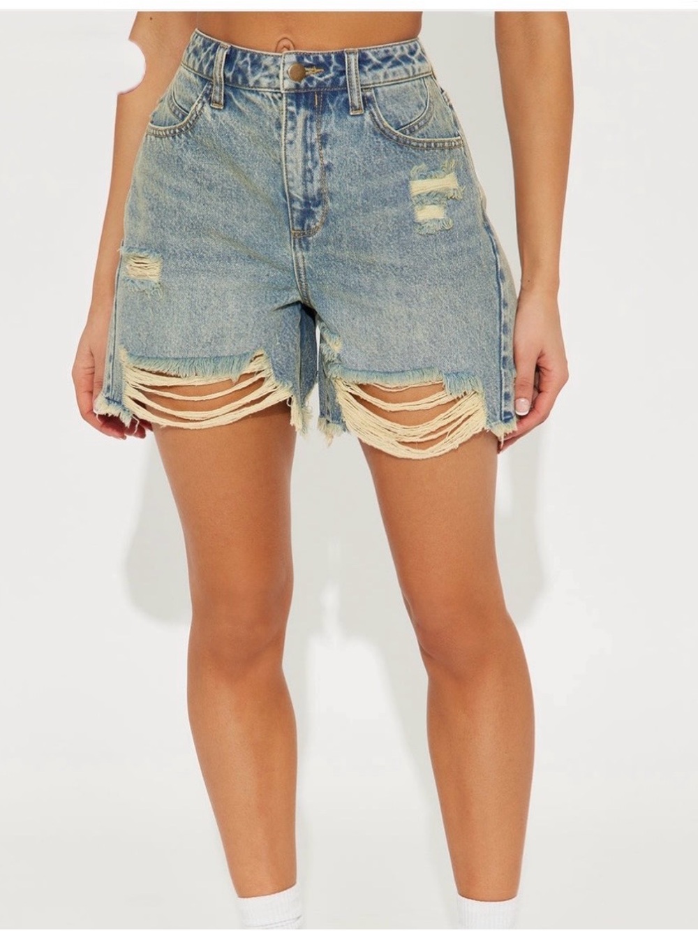 Fashion Nova Light Blue Distressed High-Waist Jean Shorts